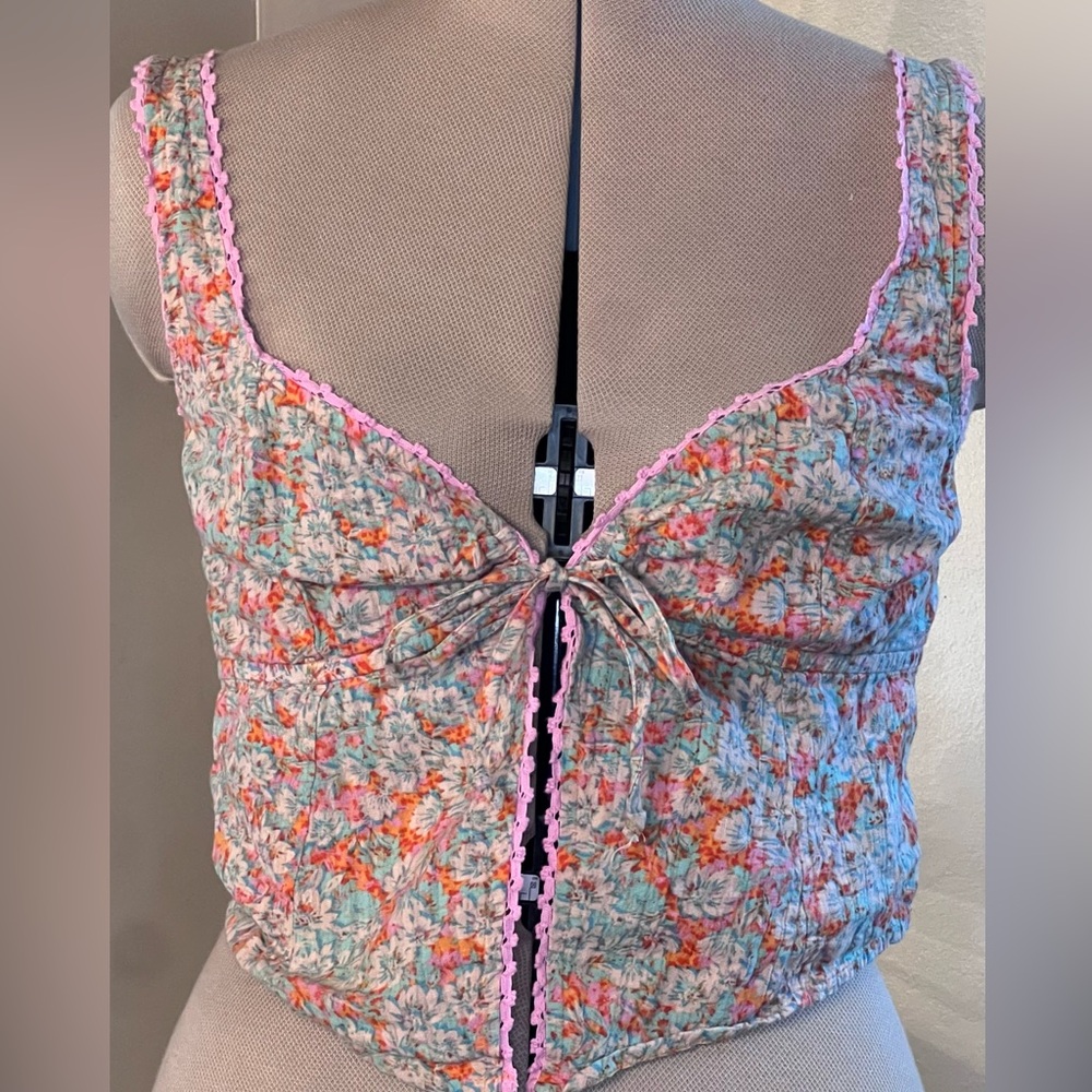 American Eagle Outfitters Pink and Blue Smocked Tank Top